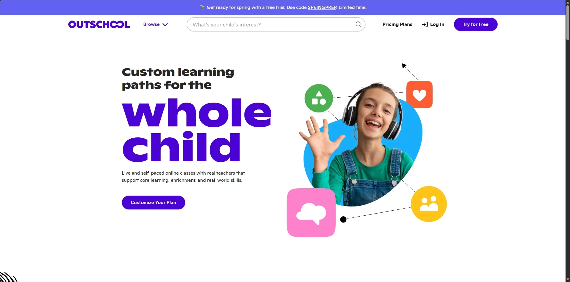 Outschool video class browsing page showing online tutoring services