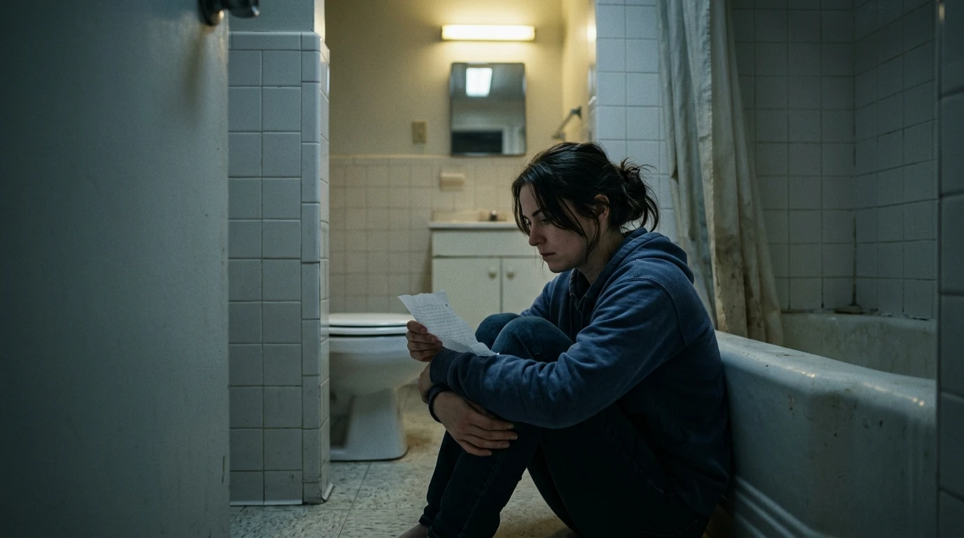 Woman sitting on bathroom floor 765ab56ede